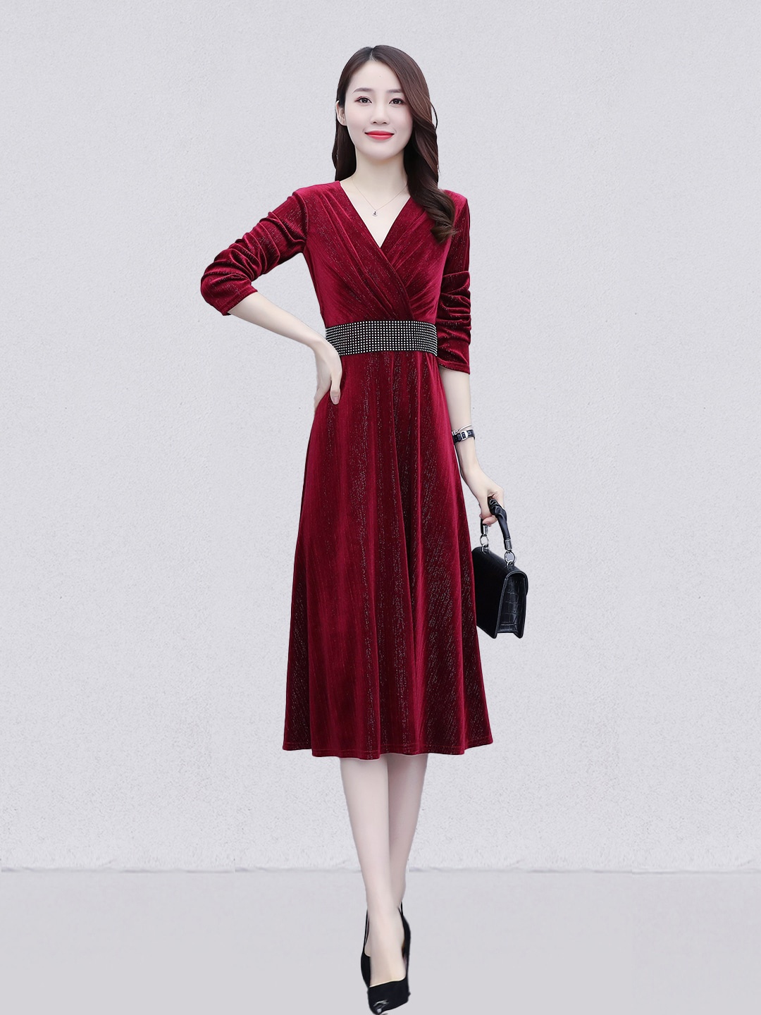 

JC Collection V-Neck Self Design Belted Midi Dress, Red