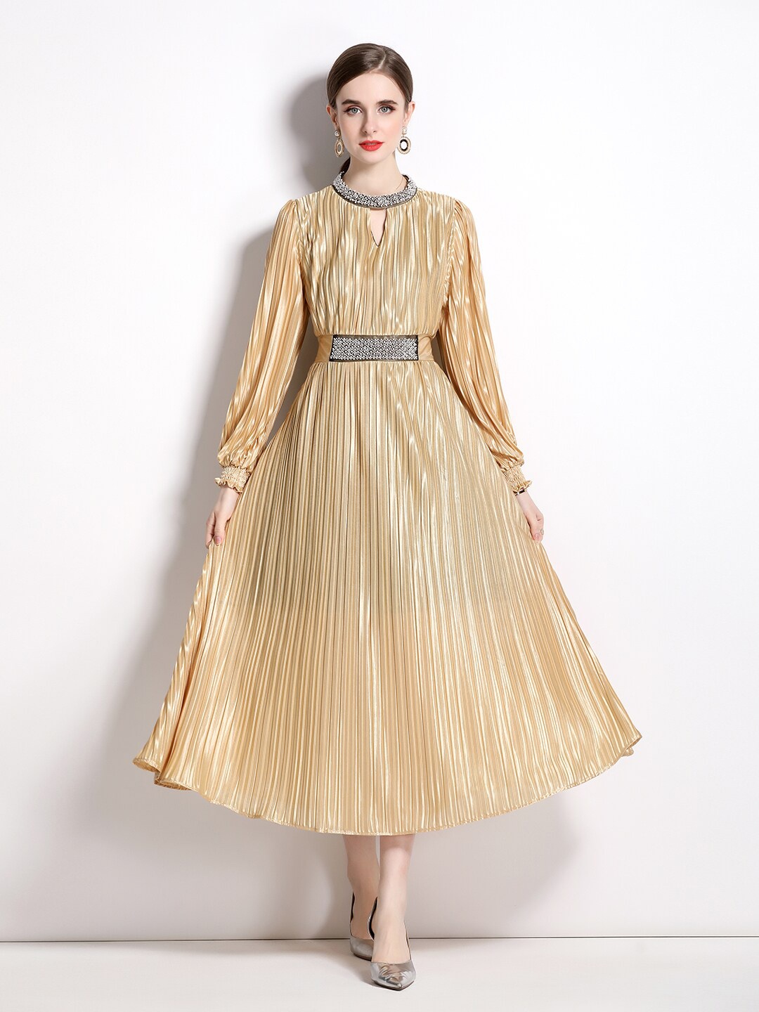 

JC Collection Keyhole Neck Belted Fit and Flare Midi Dress, Champagne