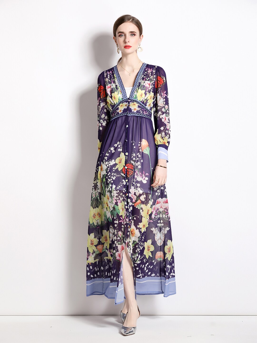 

JC Collection Floral Printed V-Neck Maxi Dress, Purple