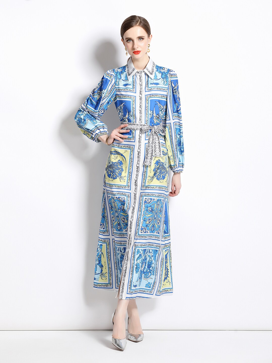 

JC Collection Shirt Collar Ethnic Motifs Print Maxi Dress, Blue