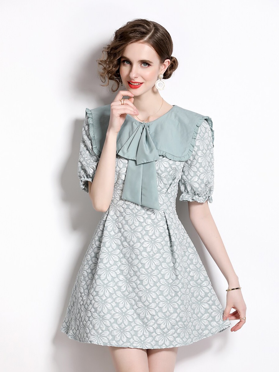 

JC Collection Floral Print Puff Sleeve Fit & Flare Dress, Green