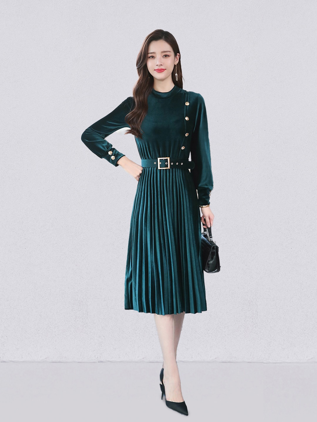 

JC Collection Accordion Pleats Belted Fit & Flare Midi Dress, Green
