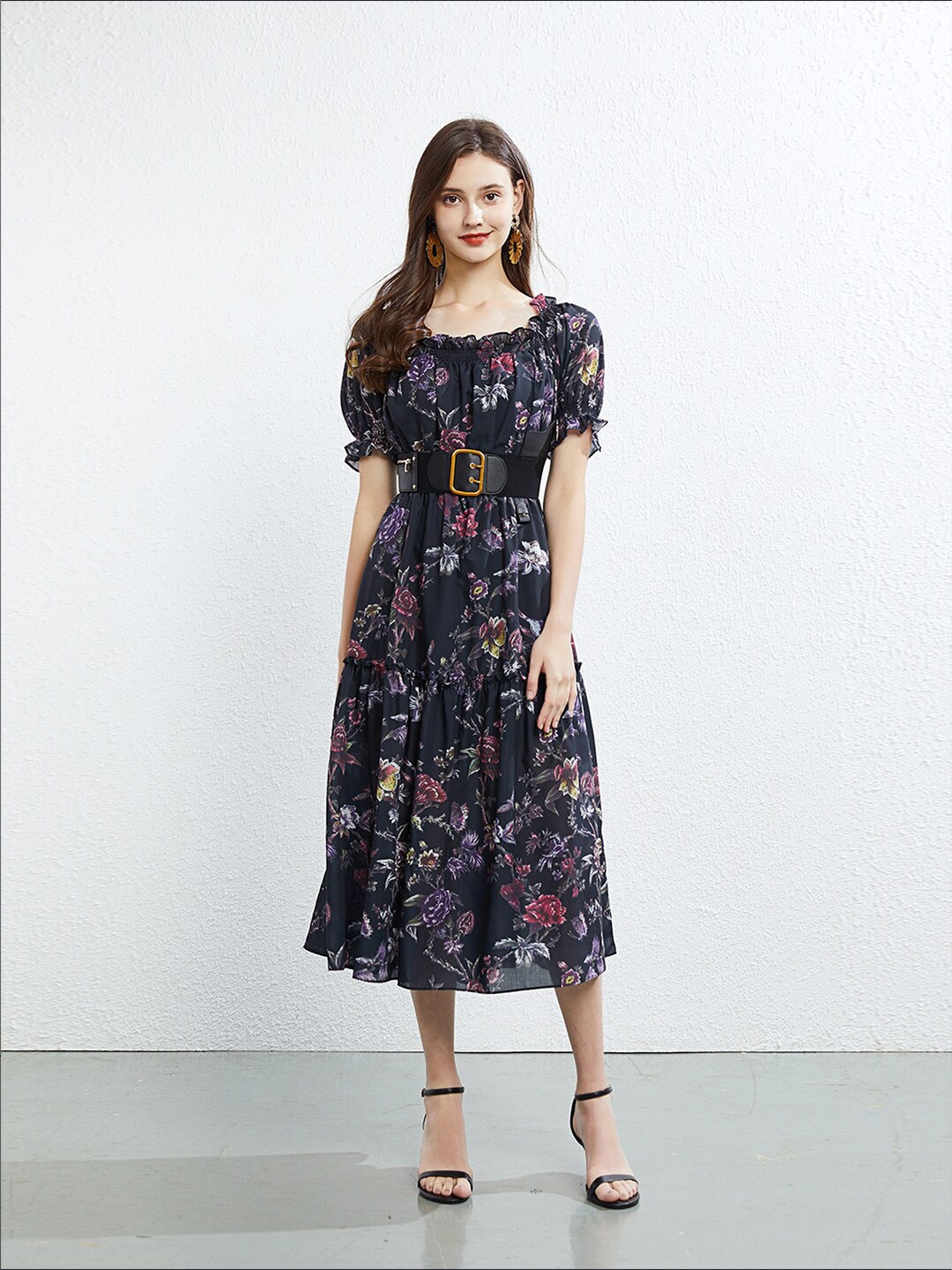 

JC Collection Floral Printed Puff Sleeve Belted Fit & Flare Midi Dress, Black