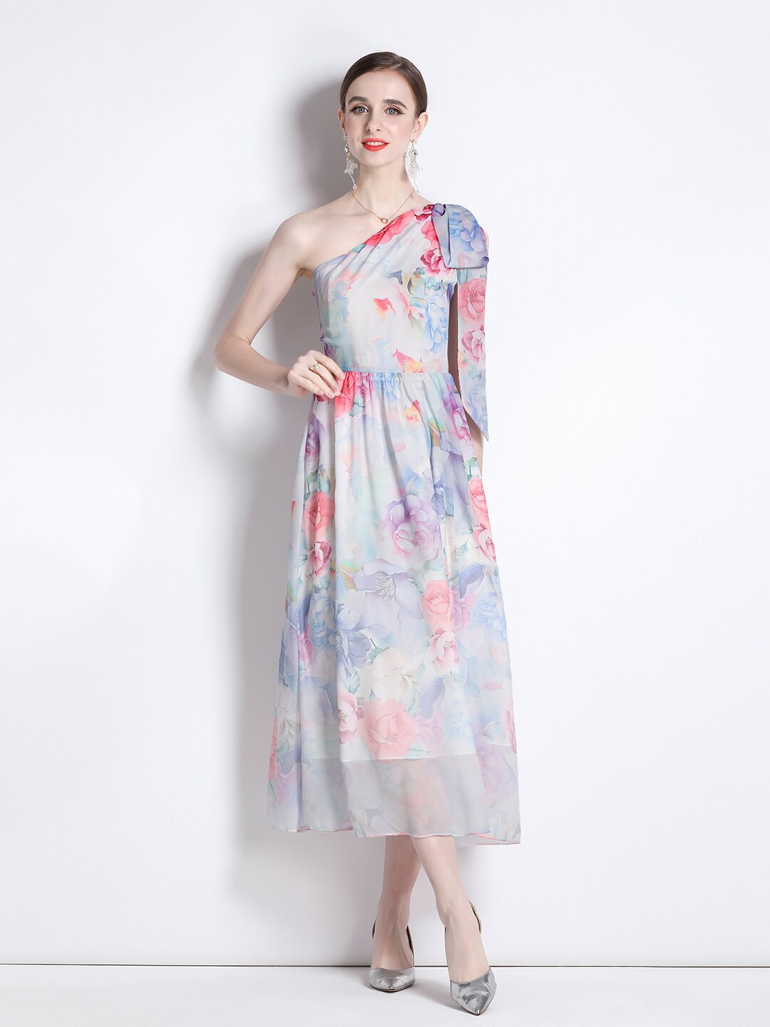 

JC Collection One Shoulder Floral Print Fit & Flare Midi Dress, Blue