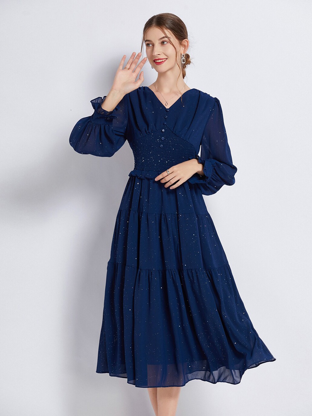 

JC Collection Embellished Smocked Fit & Flare Midi Dress, Navy blue