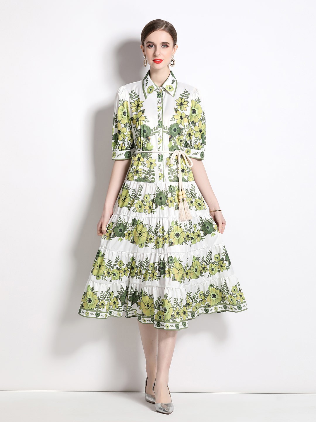 

JC Collection Floral Print Shirt Midi Dress, Green