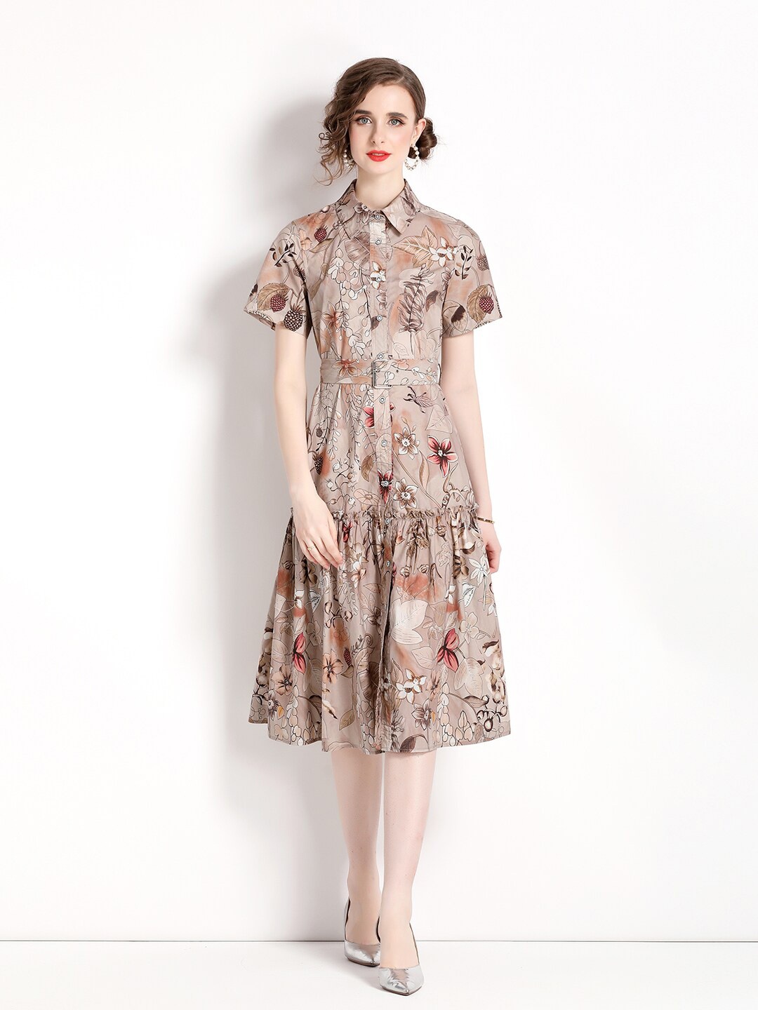 

JC Collection Floral Printed Gathred Or Pleated A-Line Dress, Brown
