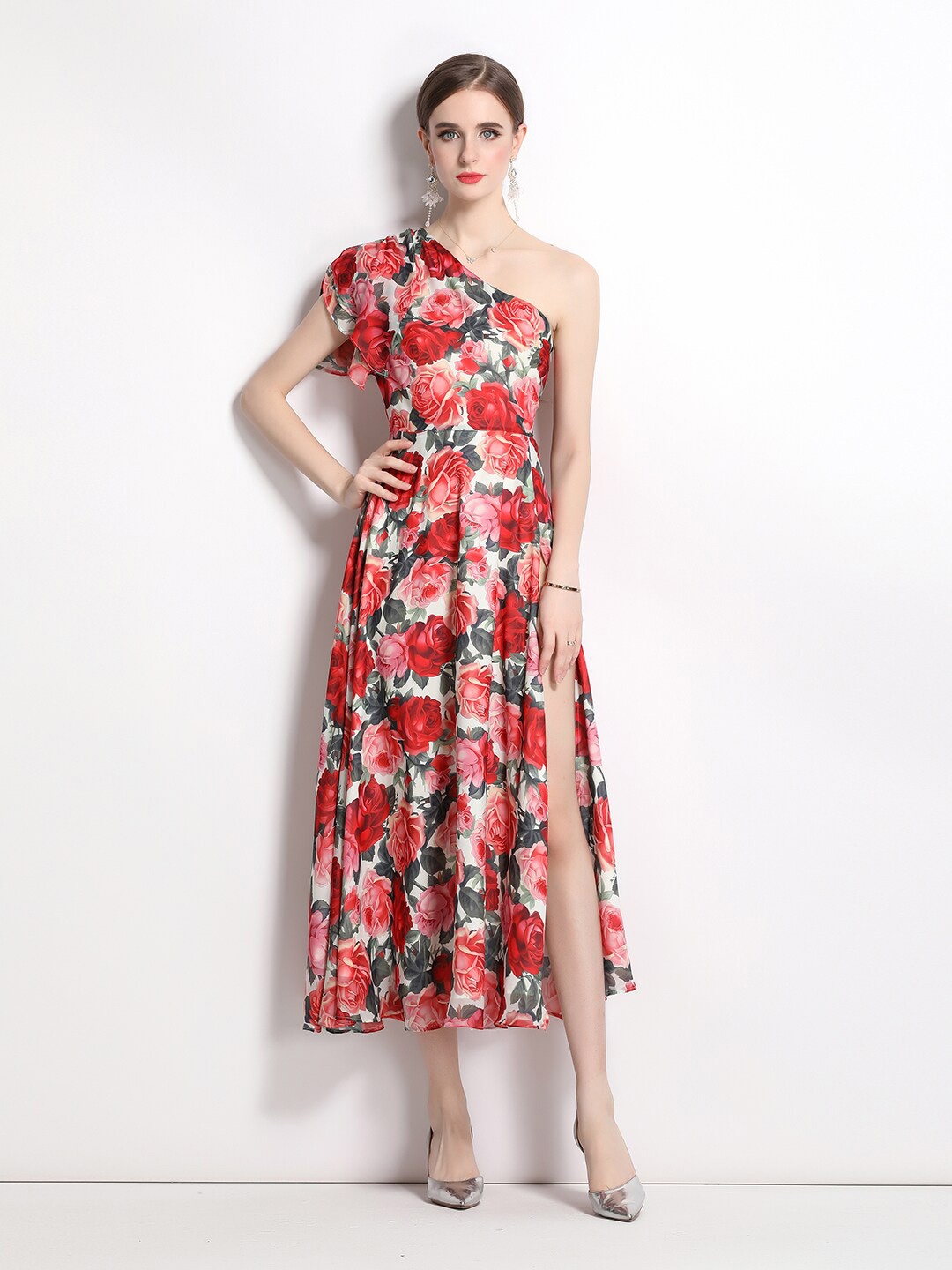 

JC Collection One Shoulder Floral Printed Fit & Flare Midi Dress, Red