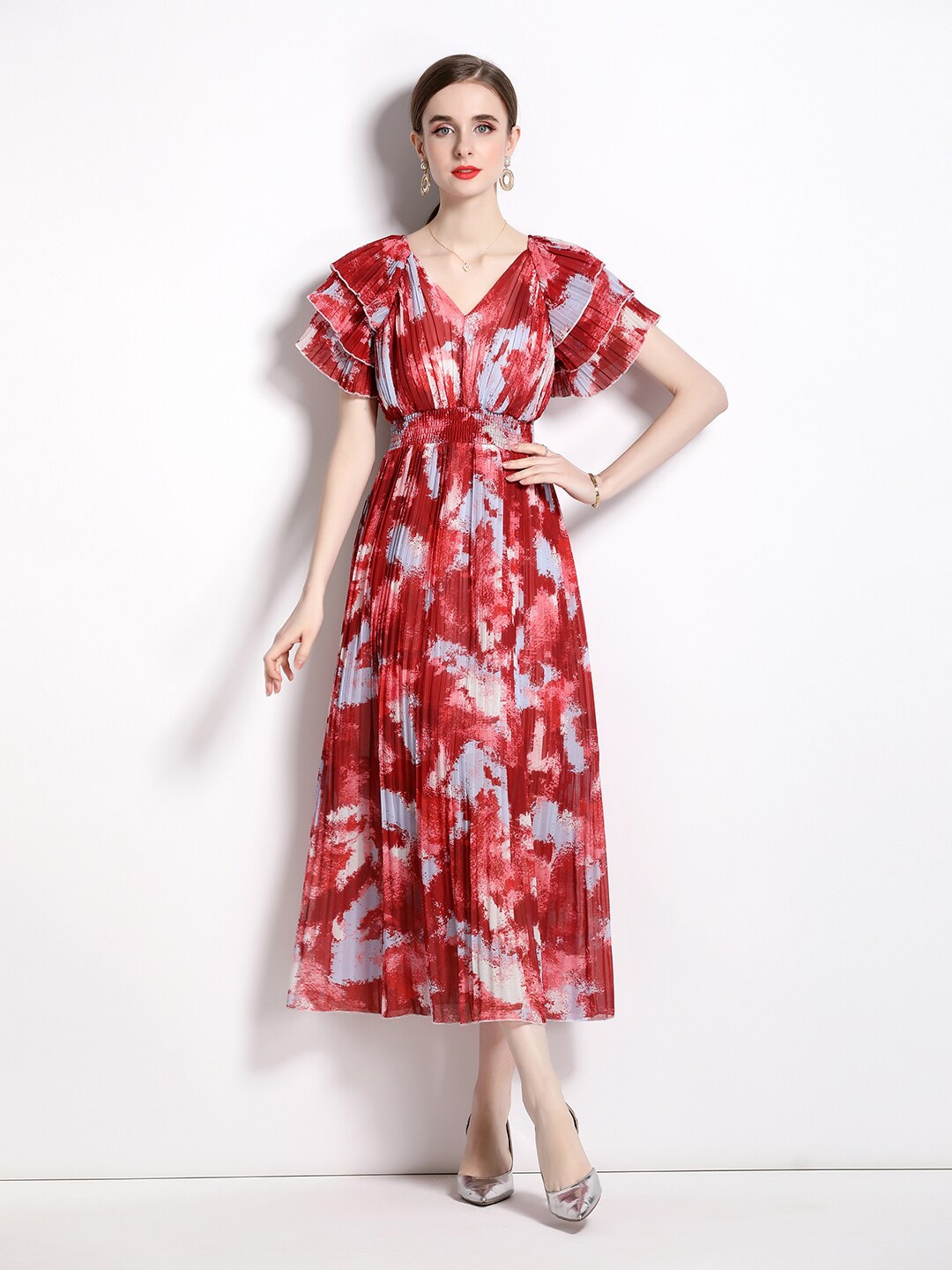 

JC Collection V-Neck Floral Print Fit & Flare Midi Dress, Maroon
