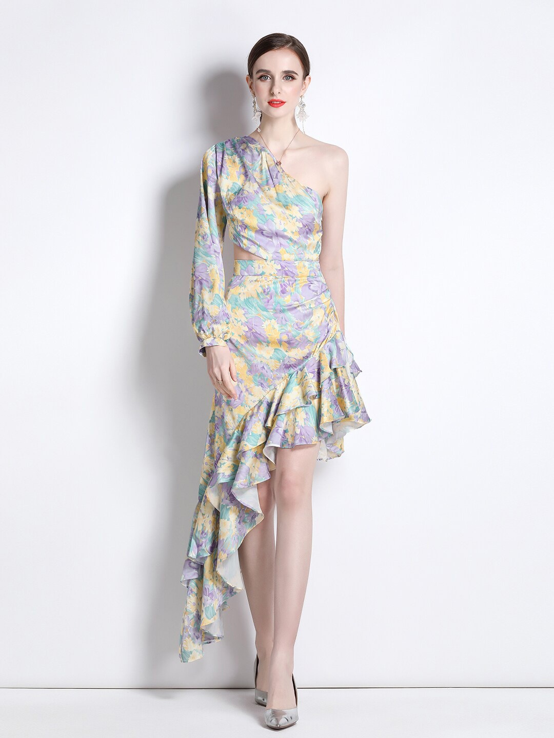 

JC Collection One-Shoulder Floral Print Cuffed Sleeve Dress, Lavender