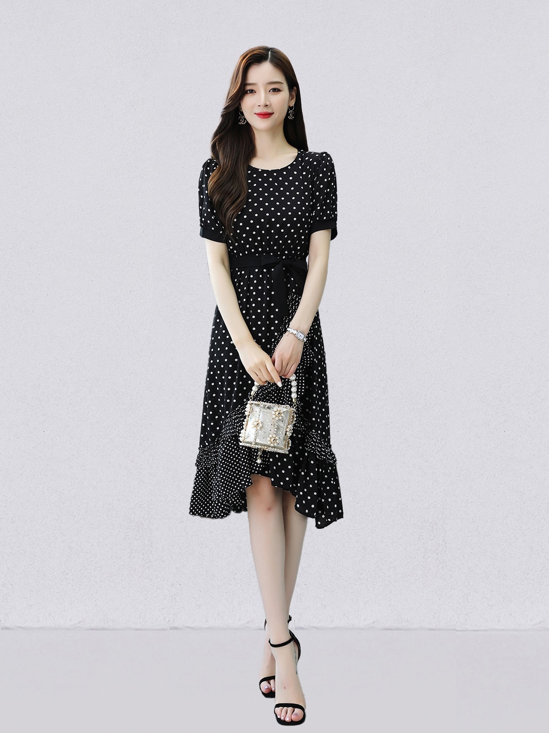 

JC Collection Polka Dots Printed Belted Fit & Flare Dress, Black