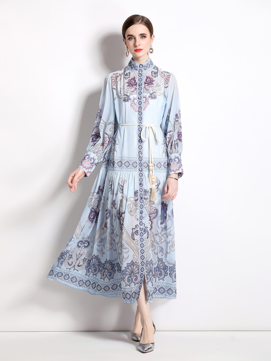 

JC Collection Ethnic Motifs Printed Cuffed Sleeves Maxi Dress, Blue