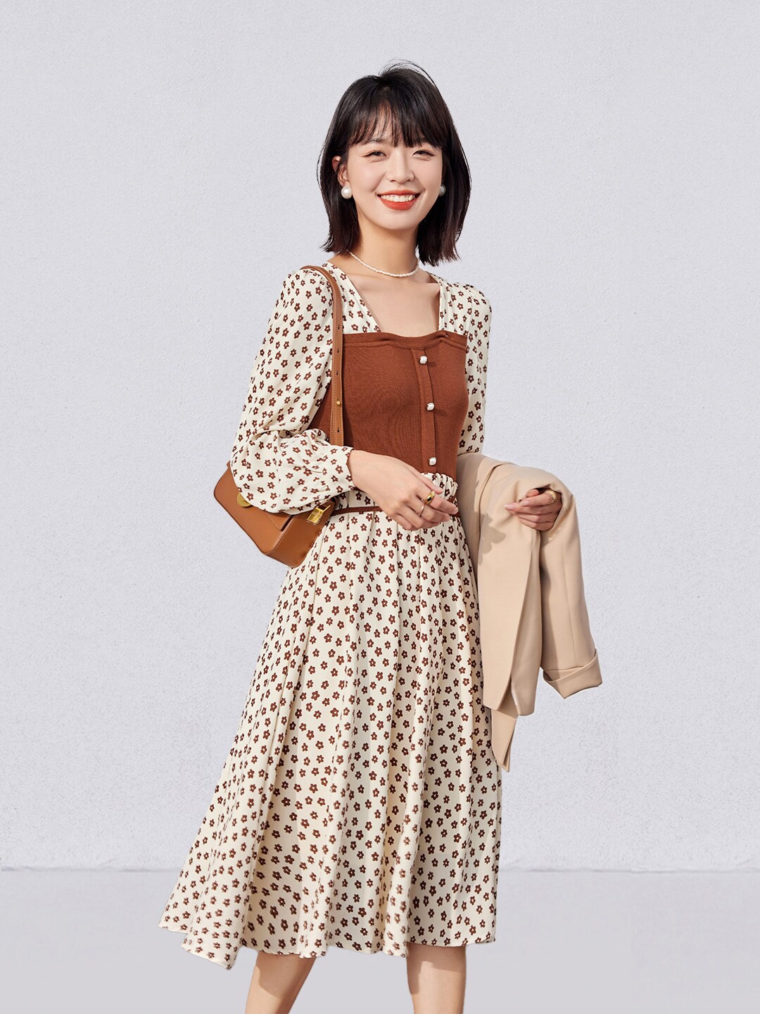 

JC Collection Floral Printed Fit & Flare Dress, Beige