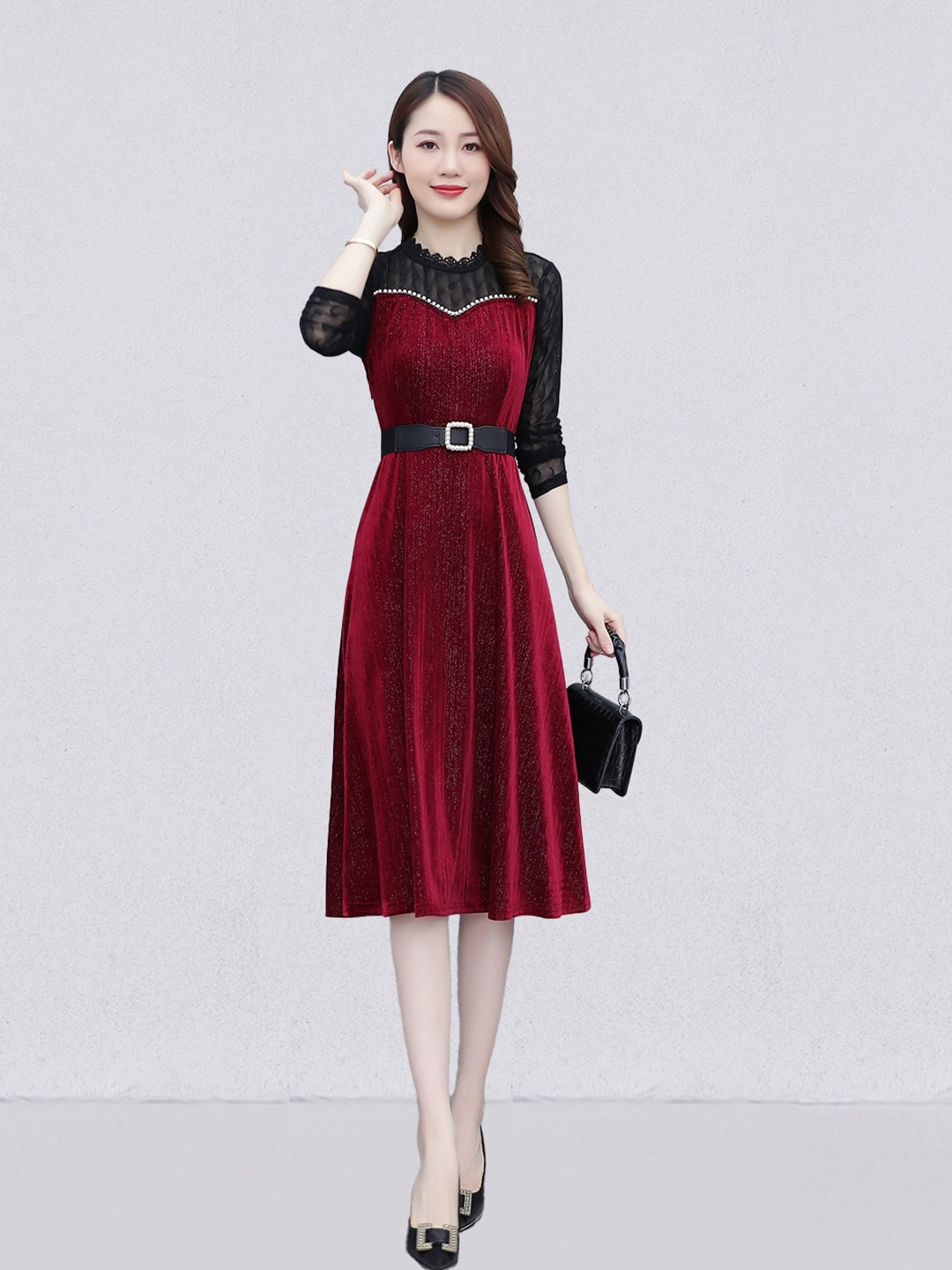 

JC Collection Round Neck Fit & Flare Dress With Belt, Maroon