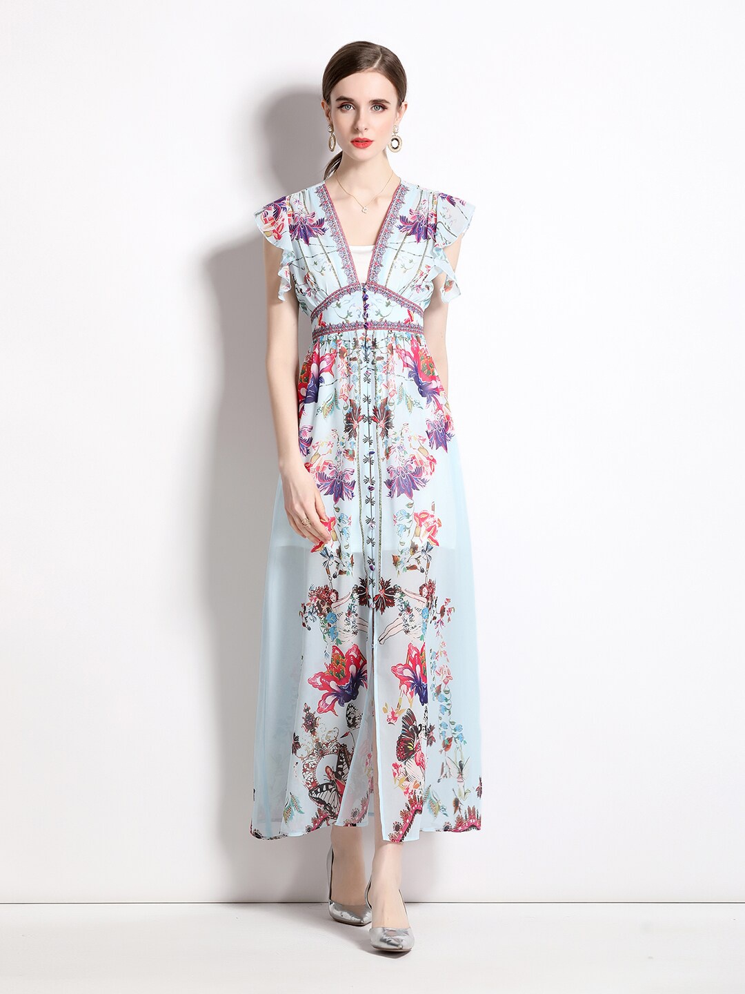 

JC Collection Floral Printed Flutter Sleeves Maxi Dress, Blue