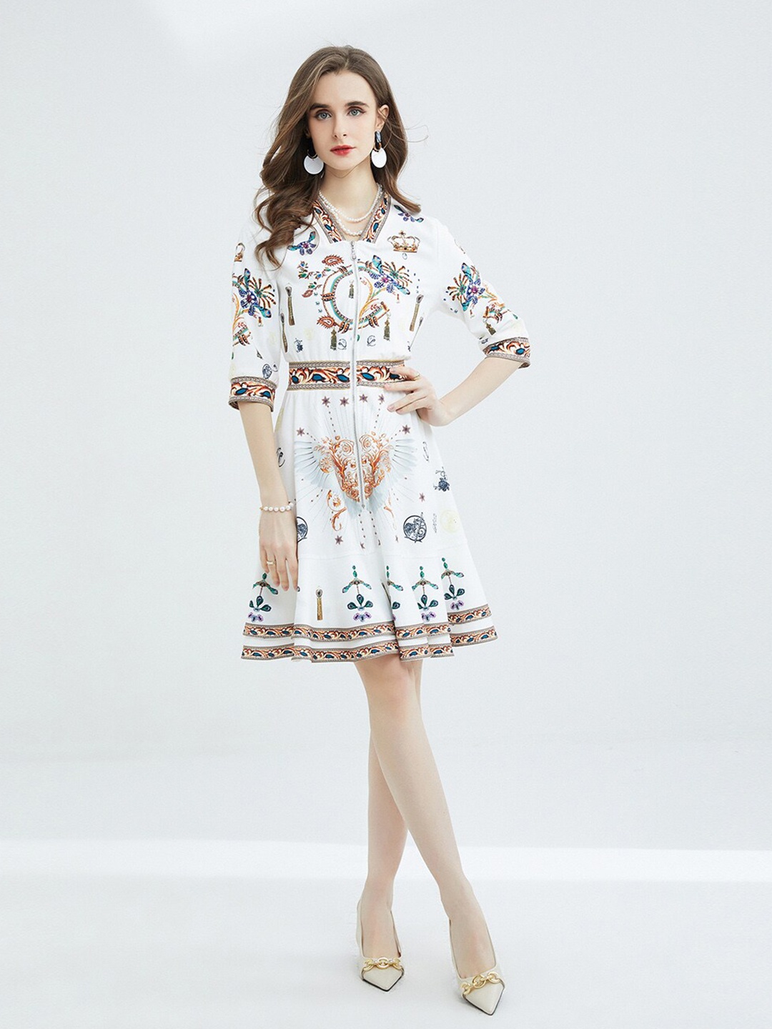 

JC Collection Ethnic Motifs Printed Gathred Or Pleated Fit & Flare Dress, White