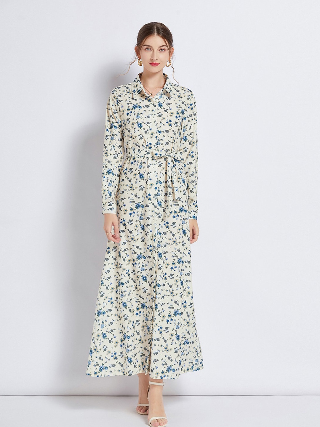 

JC Collection Floral Printed Maxi Dress With Belt, Off white