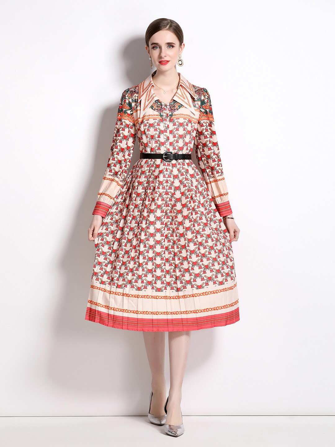 

JC Collection Printed A-Line Midi Dress, Beige