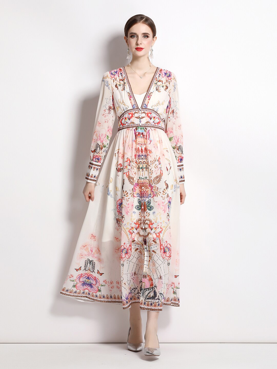 

JC Collection Floral Printed V-Line Maxi Dress, Beige