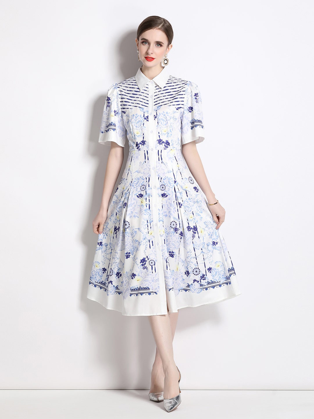 

JC Collection Floral Printed Shirt Midi Dress, White