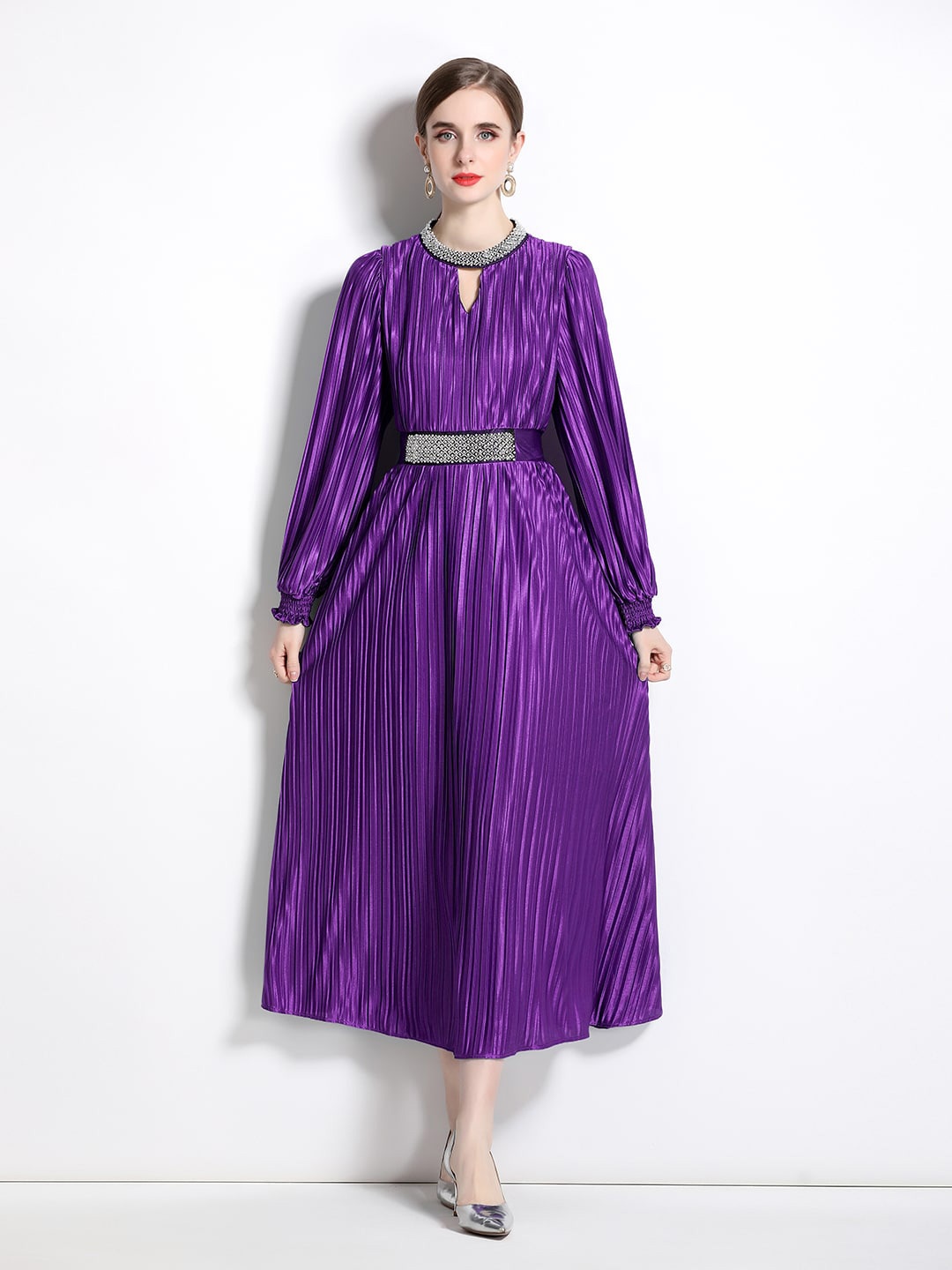 

JC Collection Cuffed Sleeves Belted Accordion Pleats A-Line Midi Dress, Purple