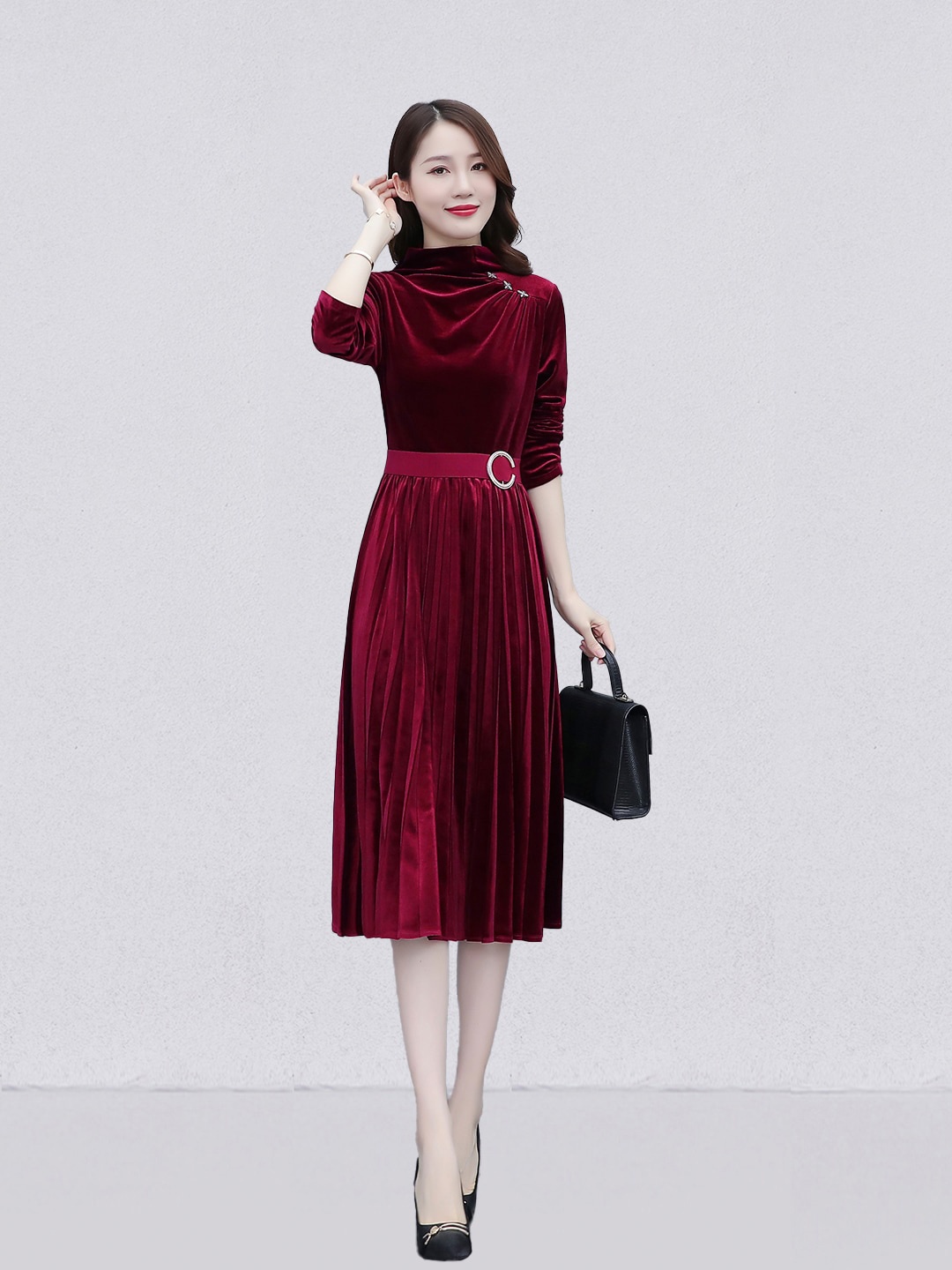

JC Collection Cowl Neck Belted Accordion Pleats Fit & Flare Midi Dress, Maroon