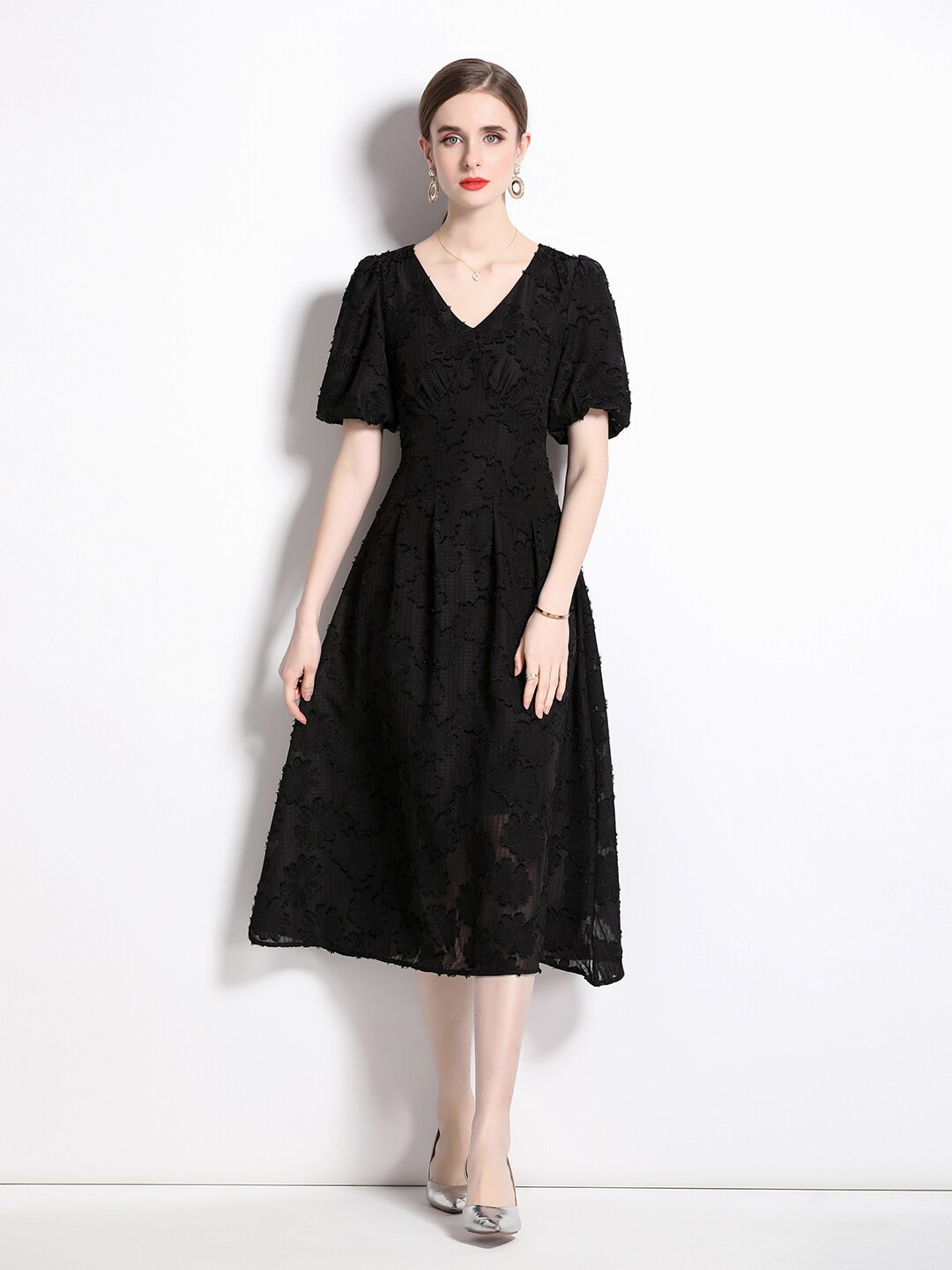 

JC Collection Self Design V-Neck Fit & Flare Dress, Black