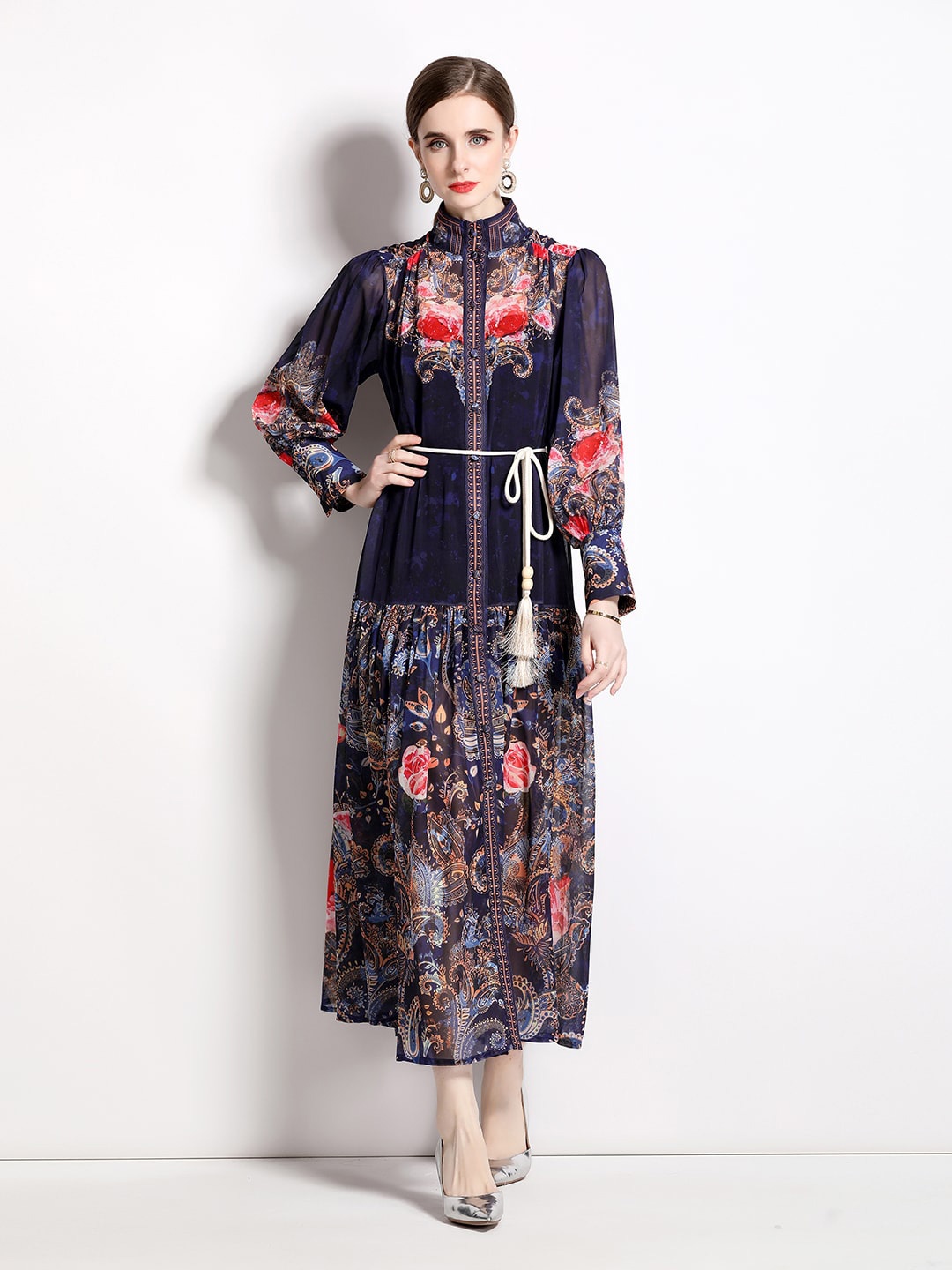 

JC Collection Ethnic Motifs Printed Tie-Ups Maxi Dress, Navy blue