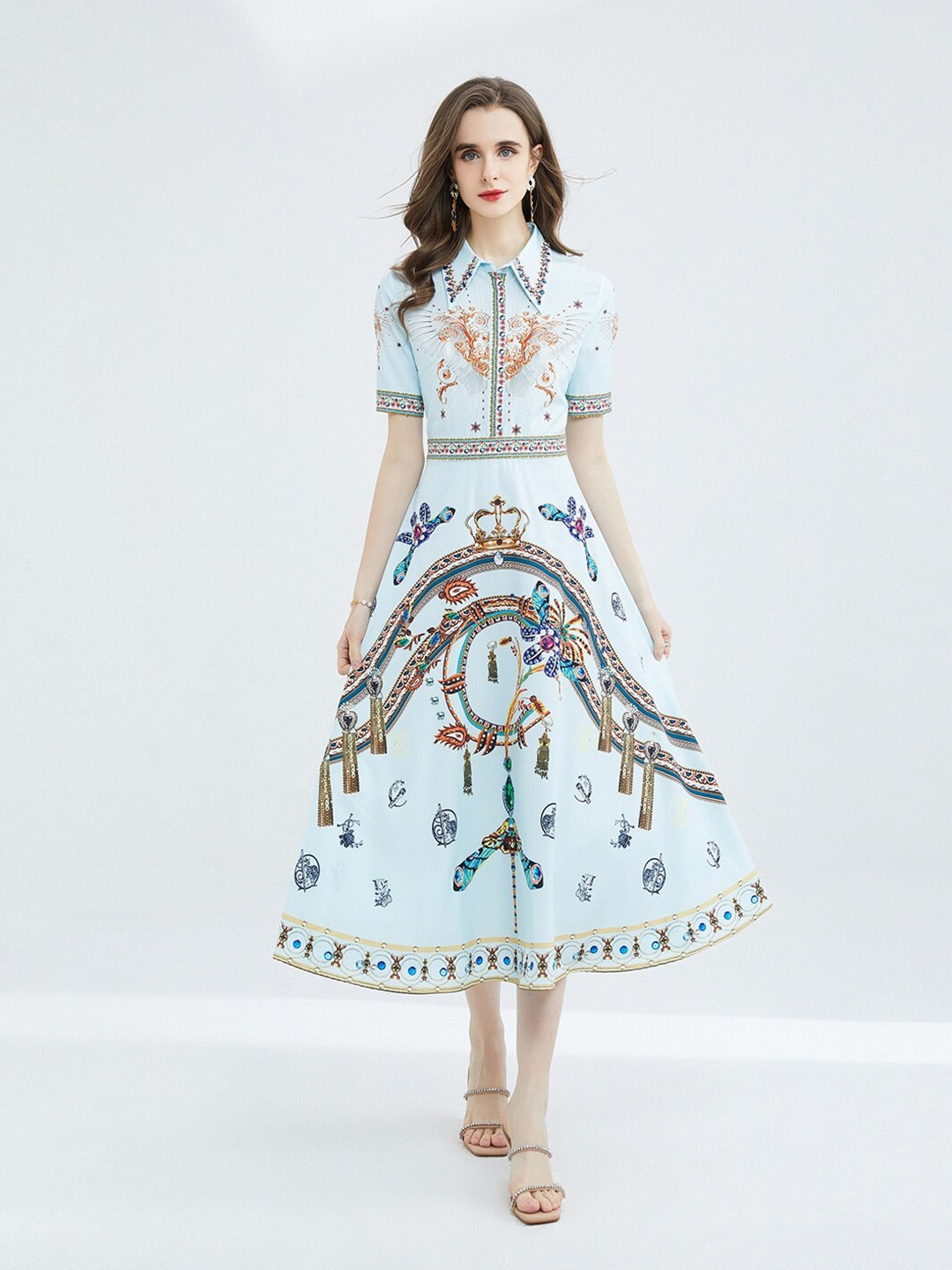

JC Collection Printed Shirt Collar A-line Midi Dress, Blue