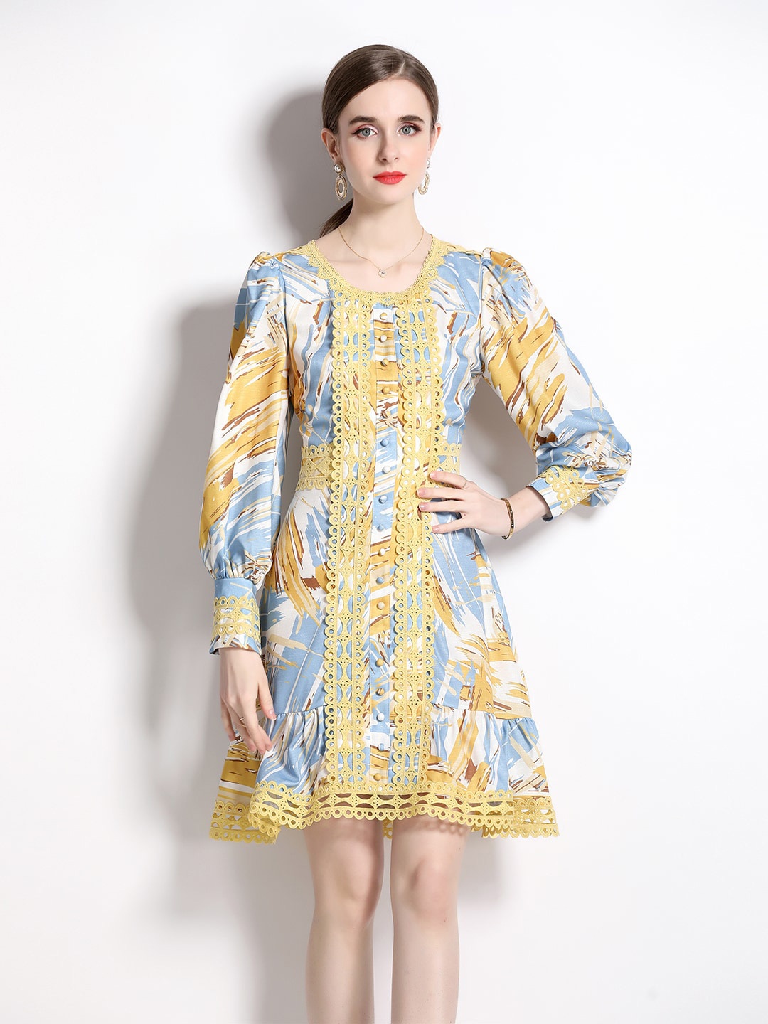 

JC Collection Print Puff Sleeve A-Line Dress, Yellow