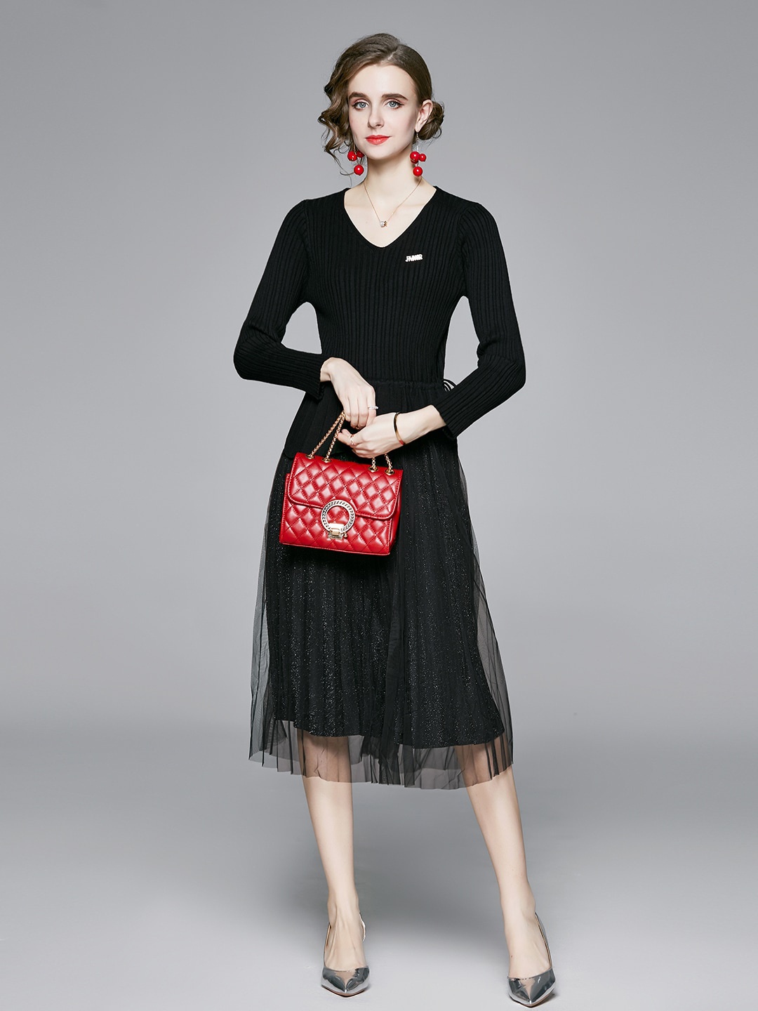 

JC Collection V-Neck A-Line Fit & Flare Midi Dress, Black