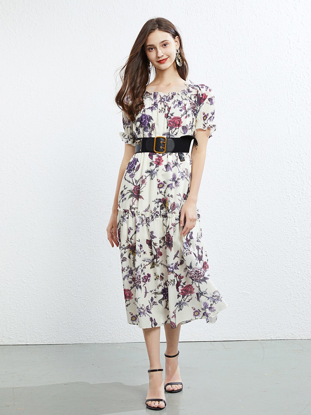 

JC Collection Floral Printed Belted Fit & Flare Midi Dress, White