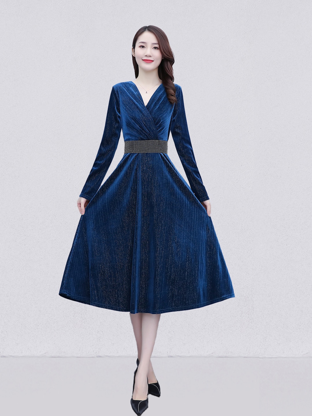 

JC Collection Embellished V-Neck A-Line Midi Dress, Blue