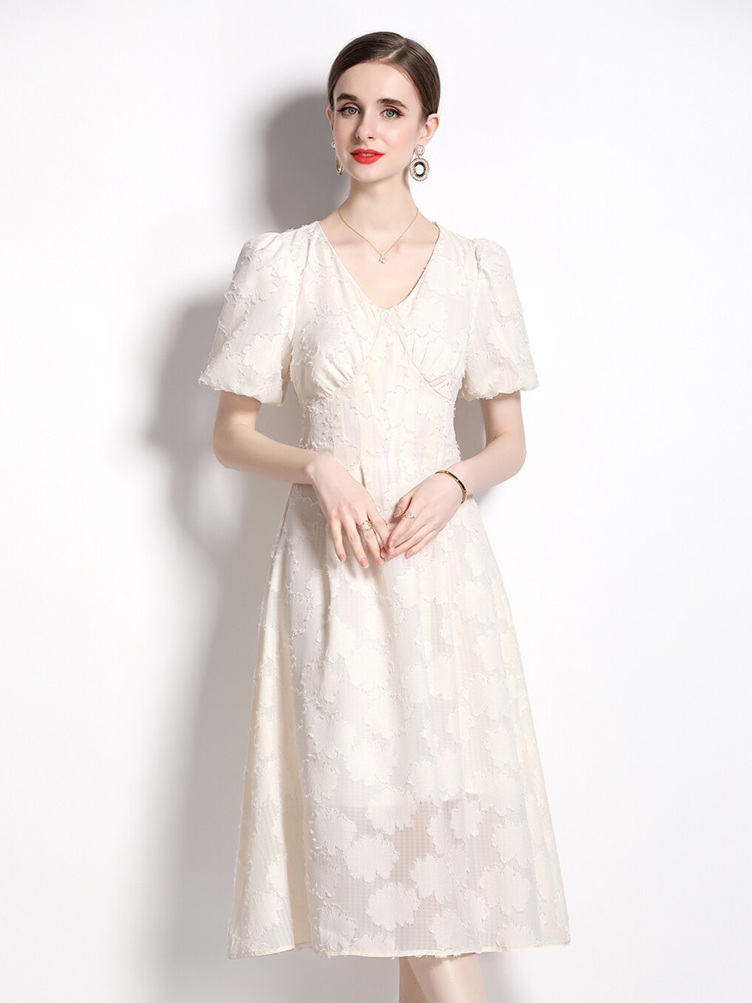 

JC Collection Floral Self Design A-Line Midi Dress, Beige