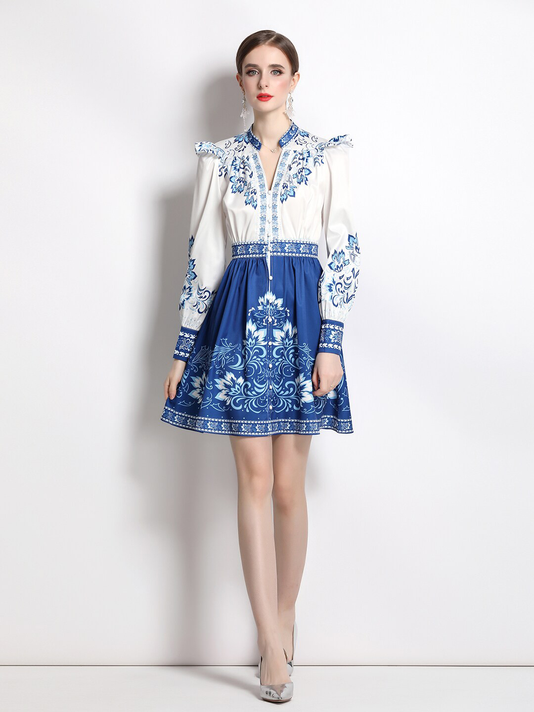 

JC Collection Floral Printed Cuffed Sleeves Gathred Or Pleated Fit & Flare Dress, Blue