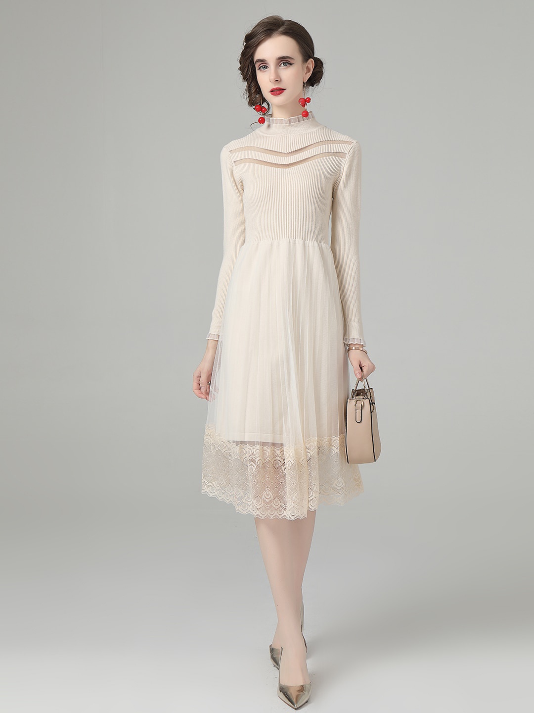 

JC Collection High Neck Fit & Flare Dress, Beige