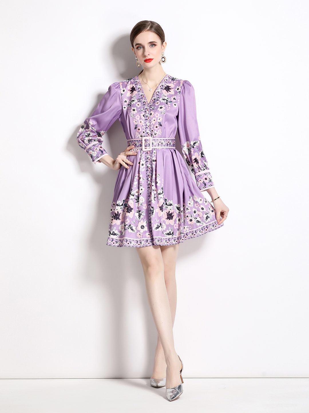 

JC Collection Floral Printed Fit & Flare Dress With Belt, Purple