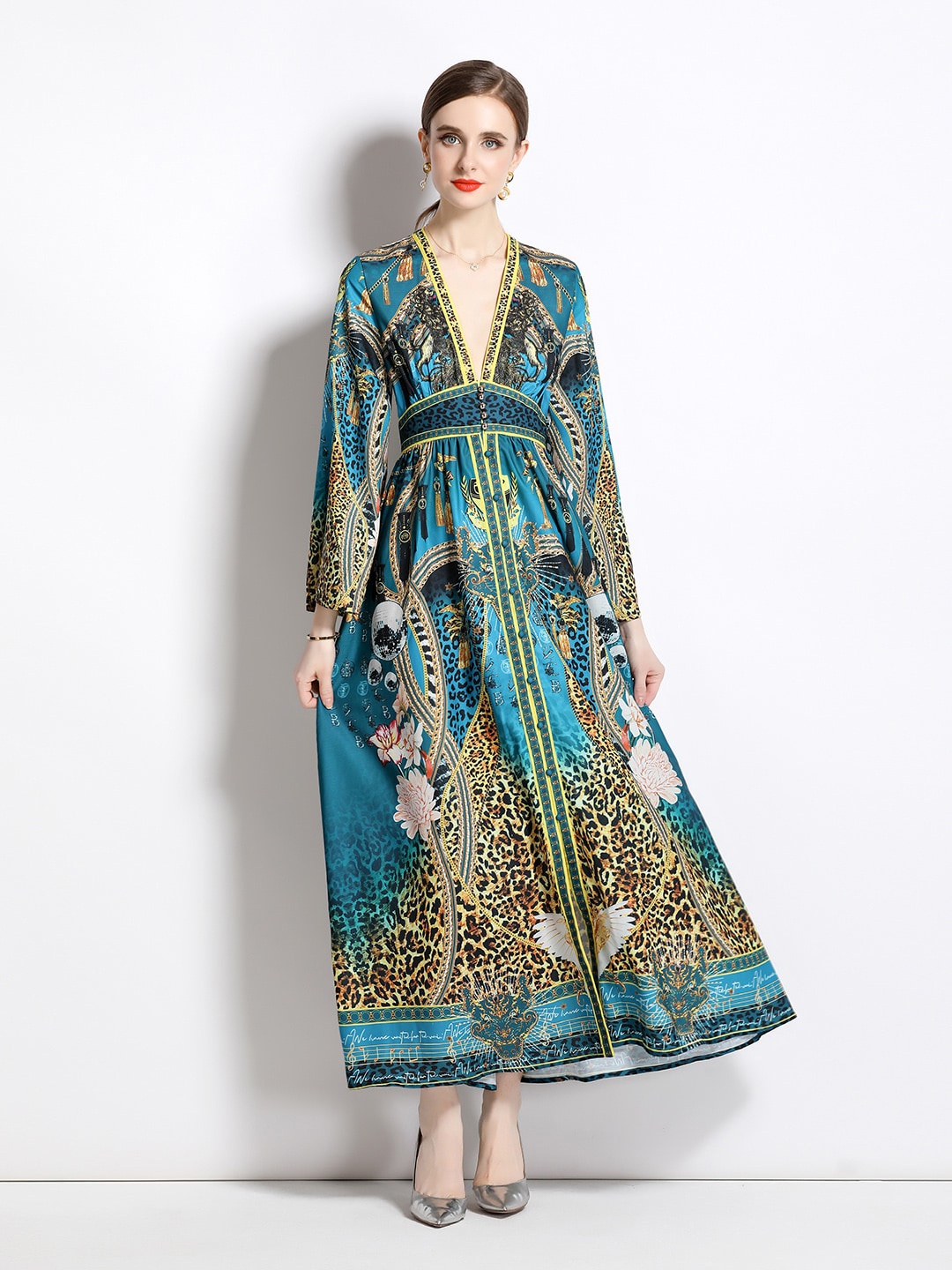 

JC Collection Ethnic Motifs Printed V-Neck Maxi Dress, Blue
