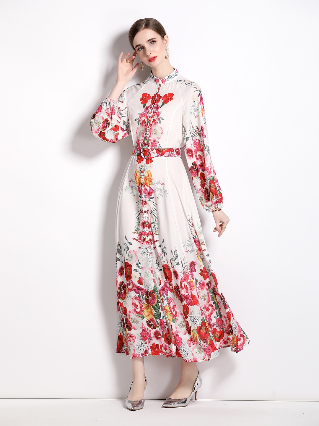 

JC Collection Floral Printed Cuffed Sleeves Belted Maxi Dress, White