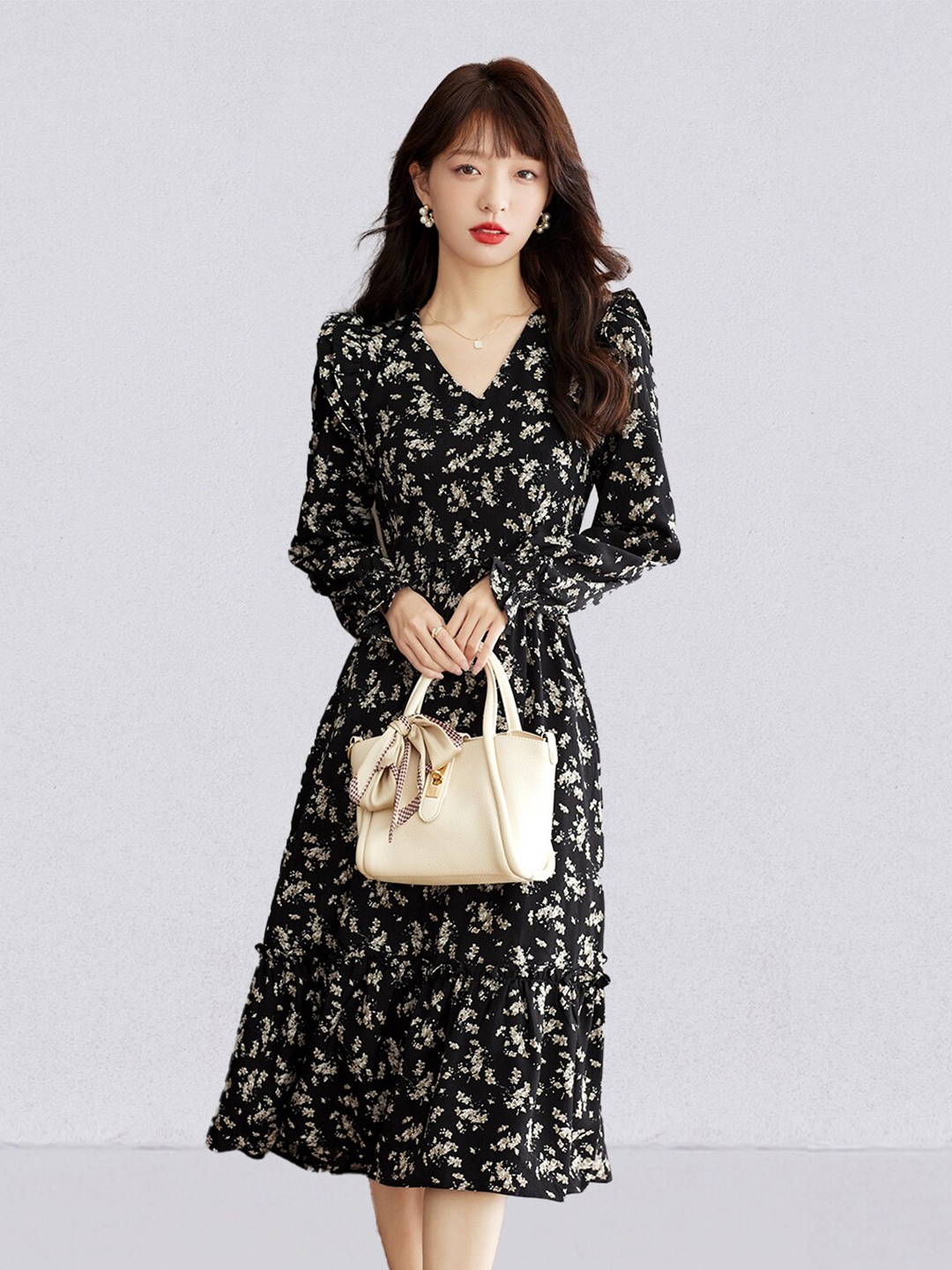 

JC Collection Floral Printed Puff Sleeve A-Line Midi Dress, Black