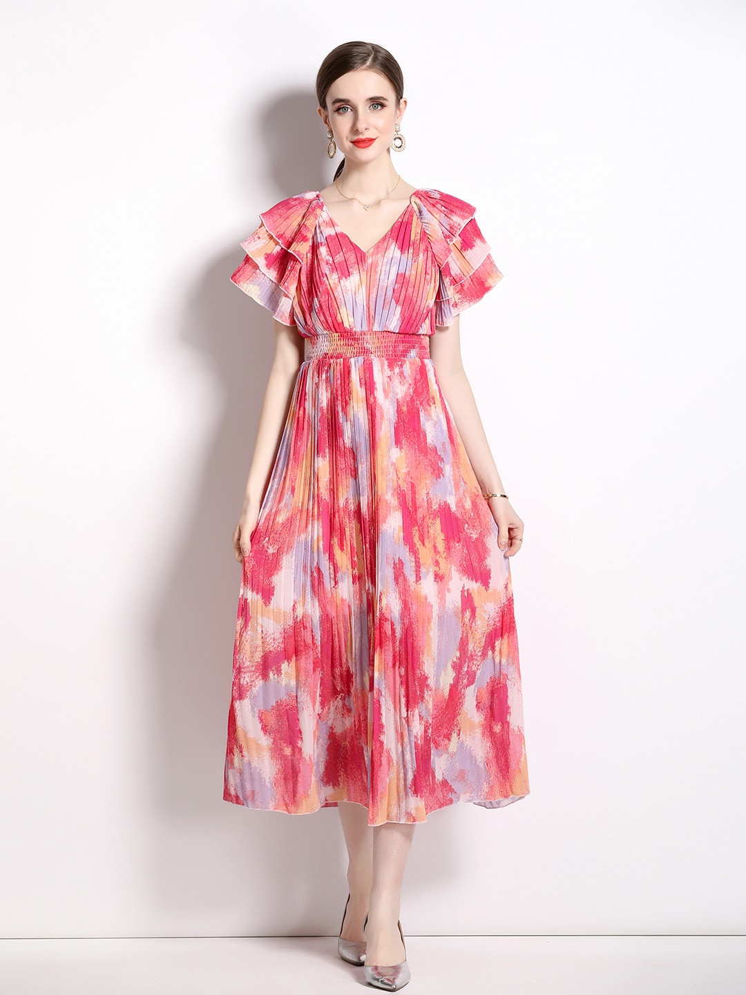 

JC Collection Floral Print Flared Sleeve Fit & Flare Midi Dress, Pink