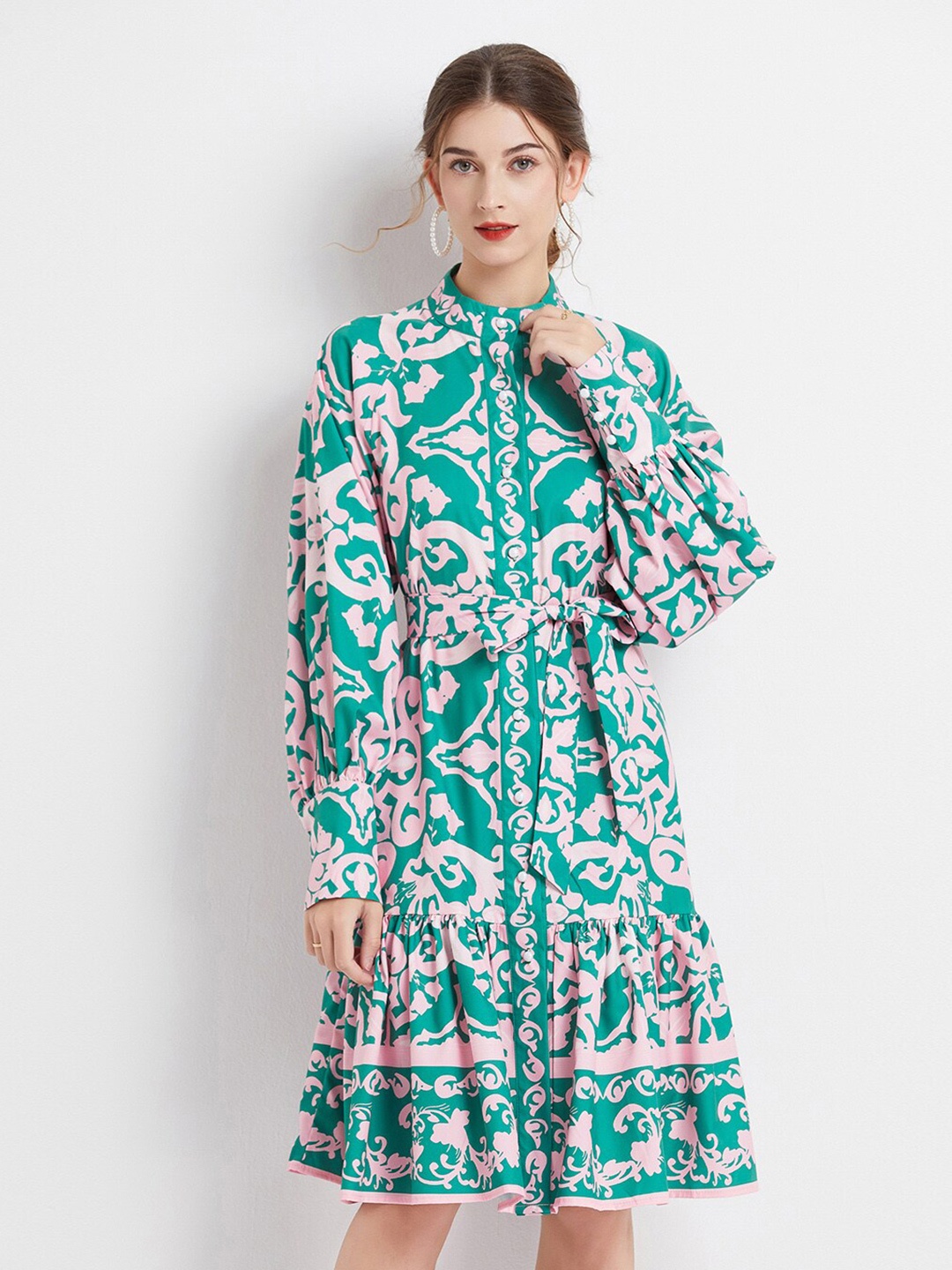 

JC Collection Floral Print Puff Sleeve Fit & Flare Dress, Green