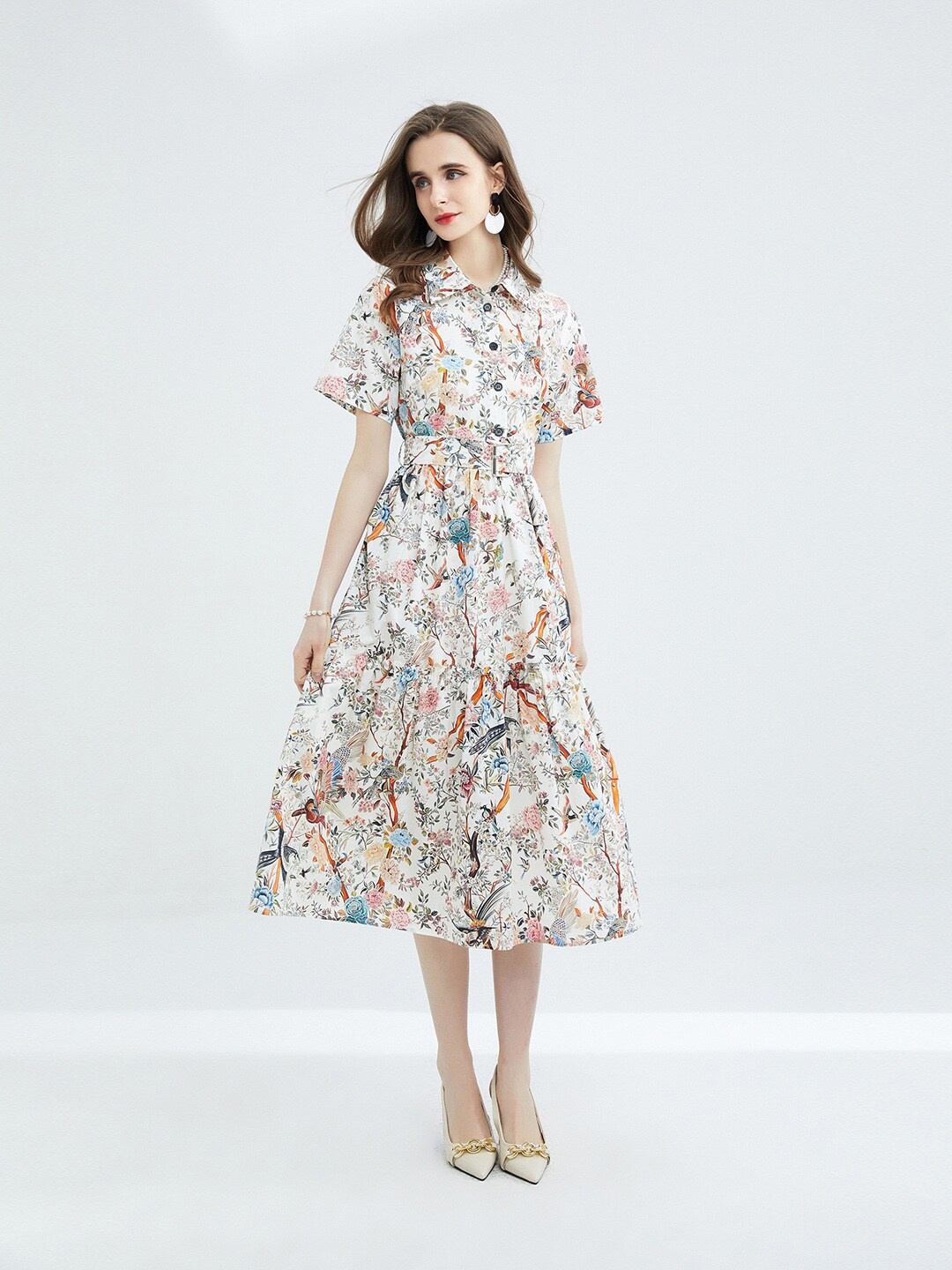 

JC Collection Printed Shirt Collar Fit & Flare Tiered Midi Dress, White