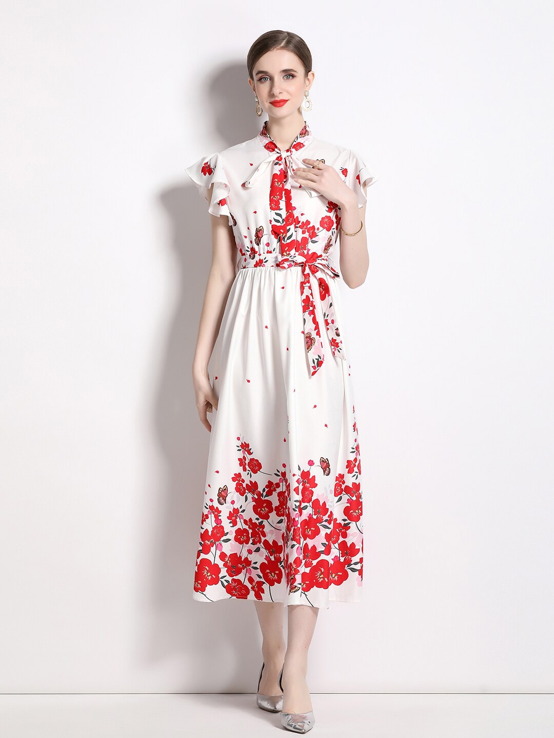 

JC Collection Floral Printed Flutter Sleeves A-Line Midi Dress, White