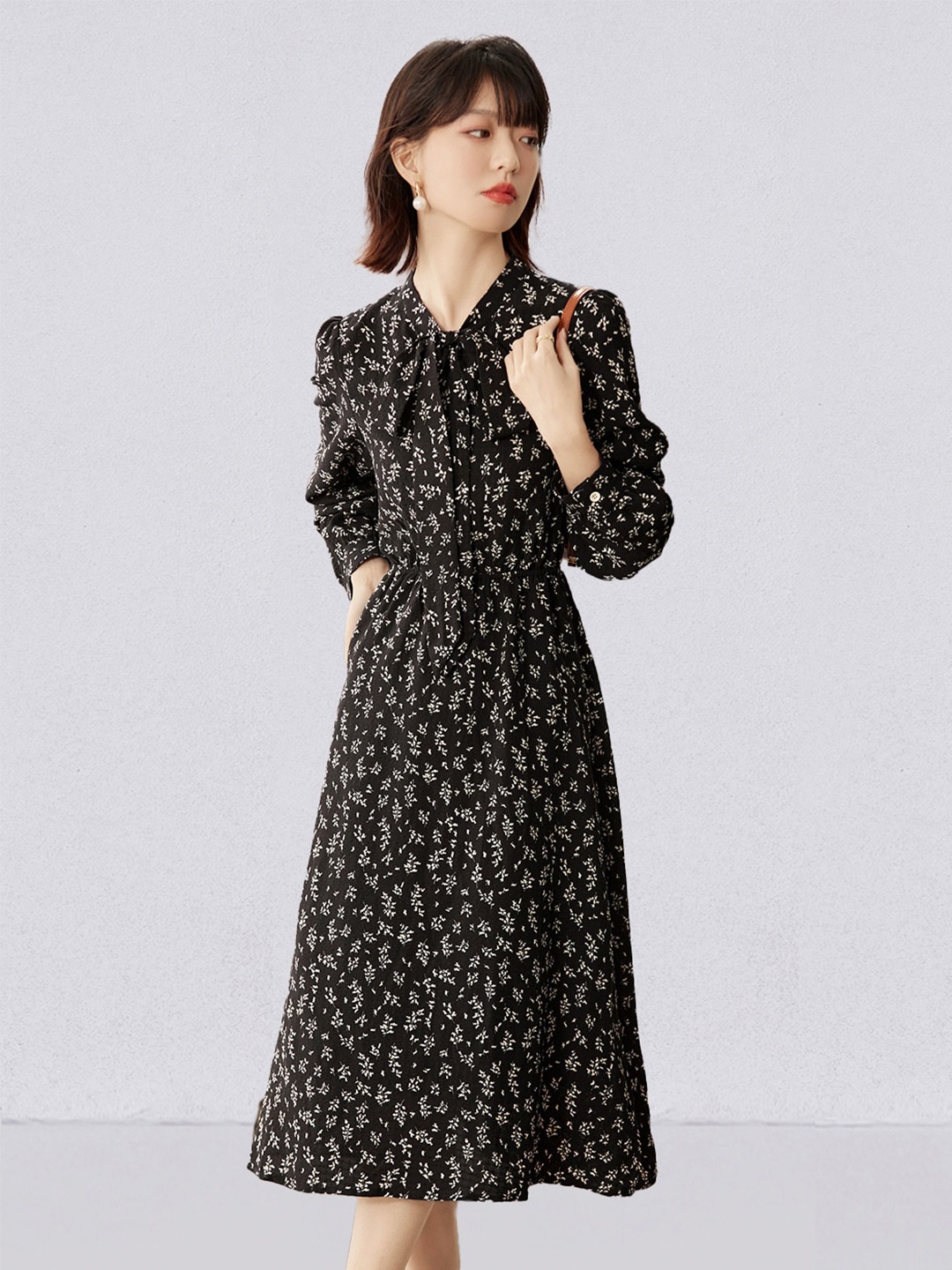 

JC Collection Floral Print Tie-Up Neck Puff Sleeve A-Line Midi Dress, Black
