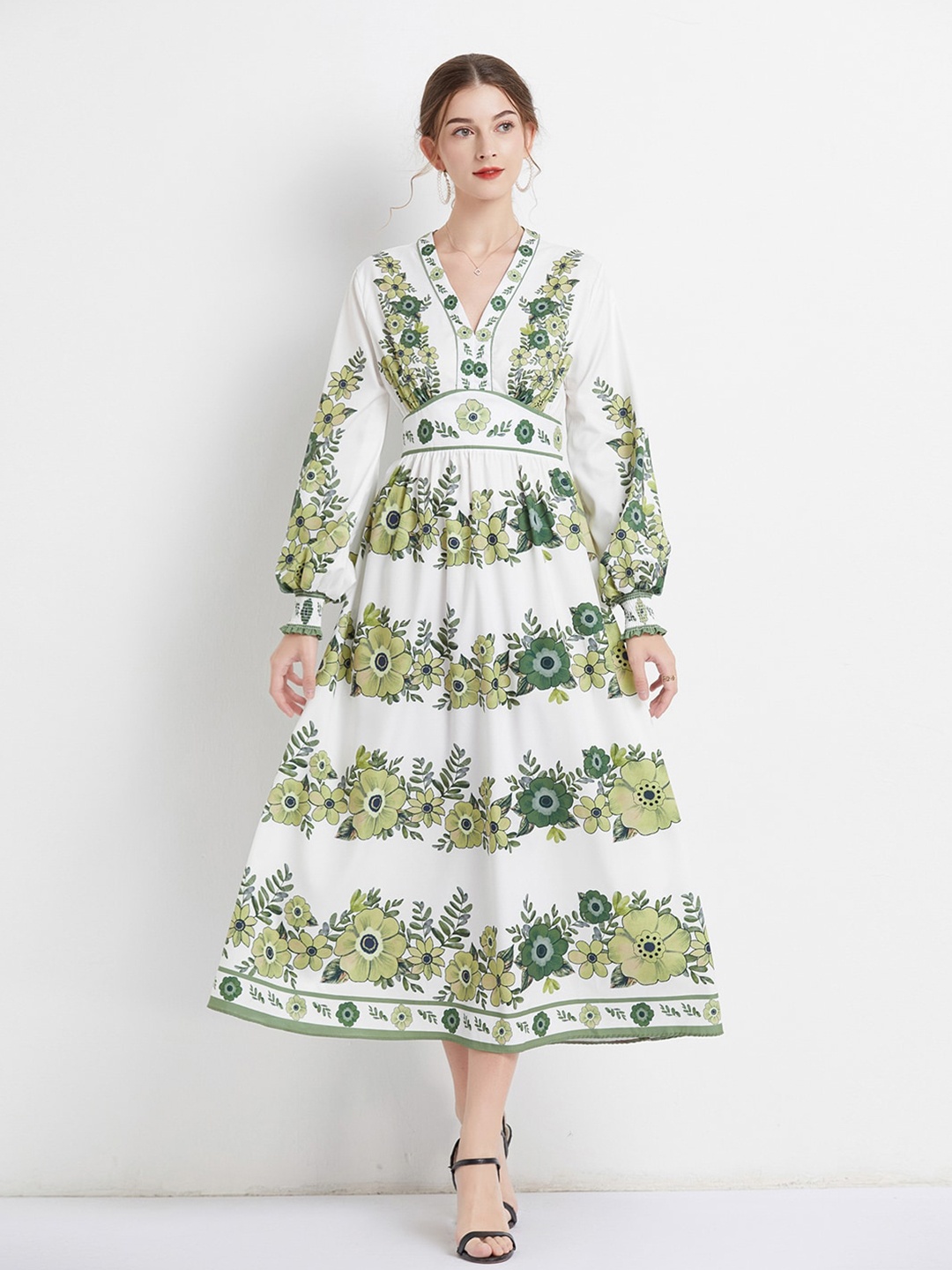 

JC Collection Floral Print Puff Sleeve Fit & Flare Midi Dress, Green