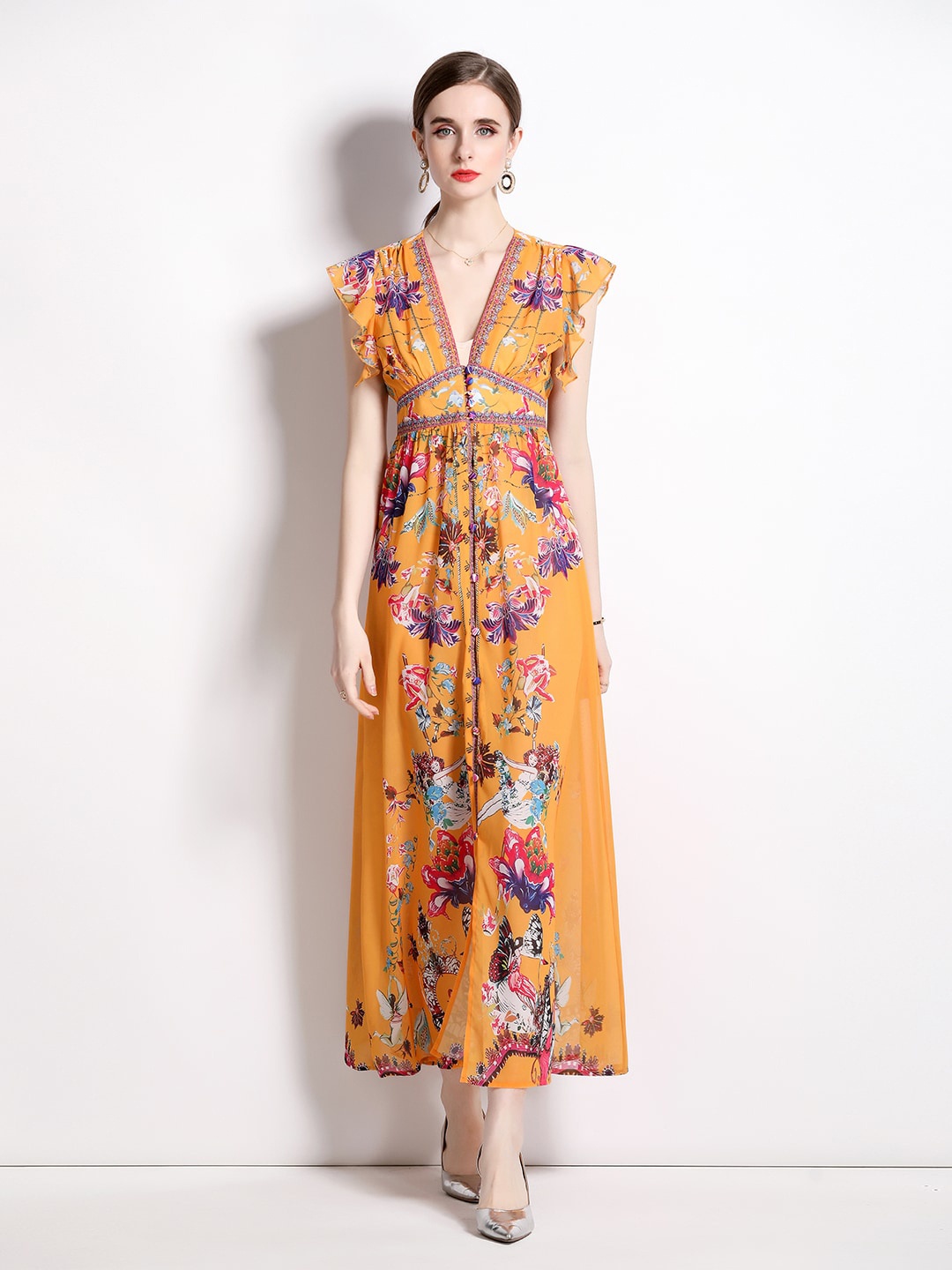 

JC Collection Floral Printed V-Neck Flutter Sleeves A-line Maxi Dress, Yellow