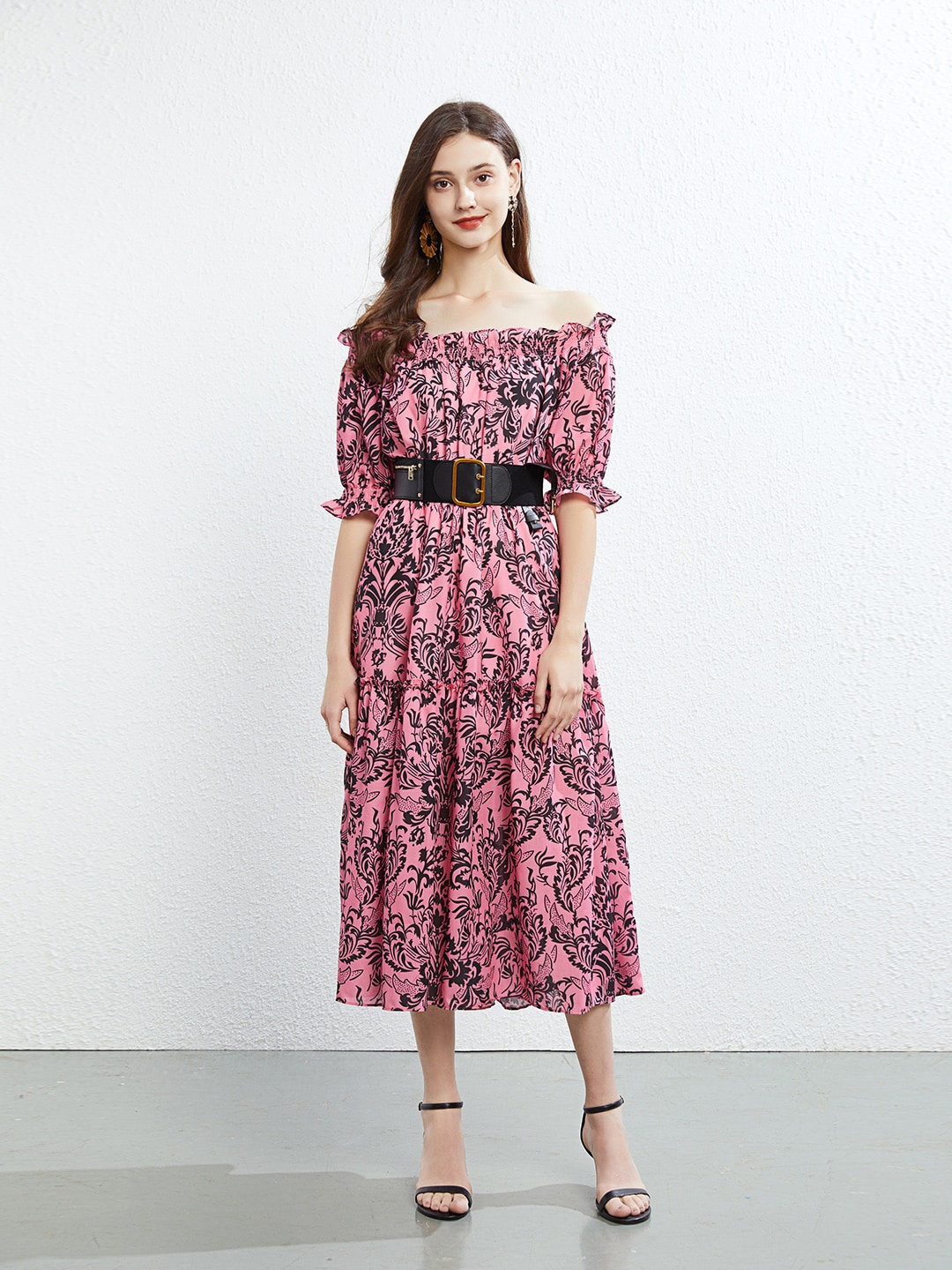 

JC Collection Floral Printed Off-Shoulder Tiered Fit & Flare Midi Dress With Belt, Pink