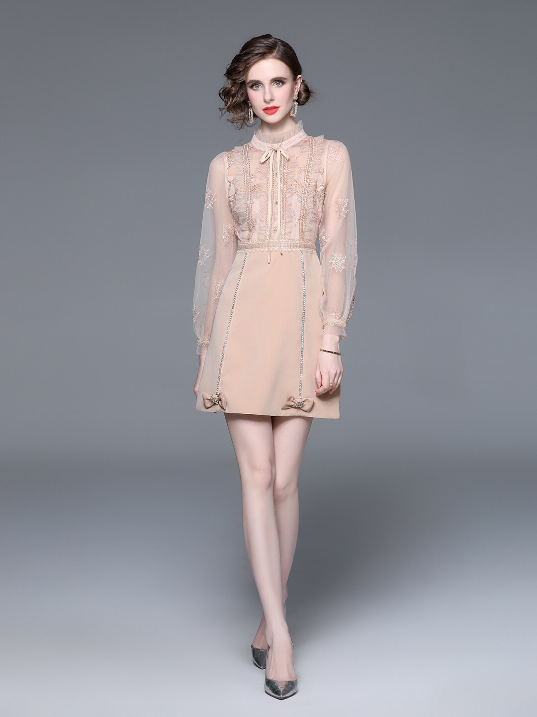 

JC Collection Floral Embroidered A-Line Mini Dress, Beige