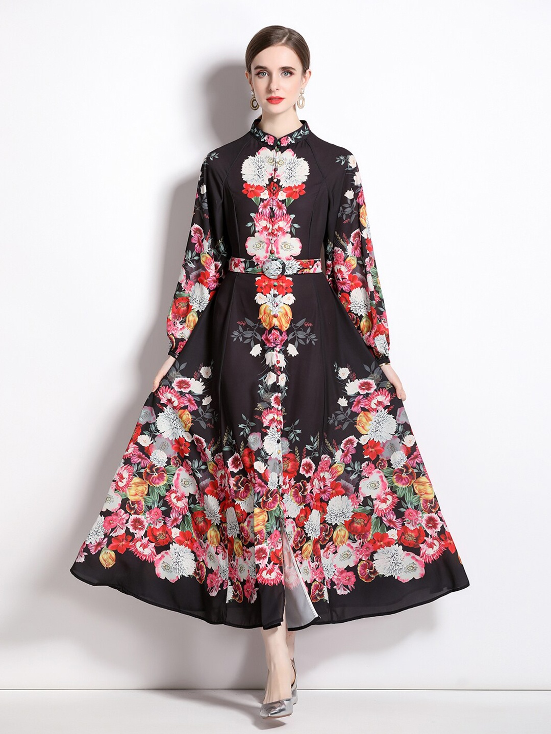 

JC Collection Floral Printed Cuffed Sleeves Belted Maxi Dress, Black